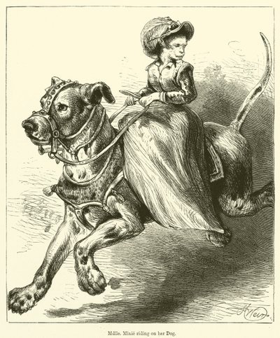 Mademoiselle Minie montando su perro de English School