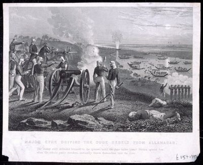 El Mayor Eyre expulsando a los Rebeldes de Oude de Allahabad, publicado por The London Printing and Publishing Company Limited, 1857 de English School