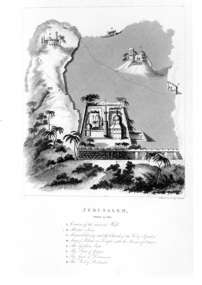 Principales hitos de Jerusalén de la historia del evangelio, de Letters from Palestine, Descriptive of a Tour through Galilee and Judaea por Jolliffe, publicado en 1819 de English School