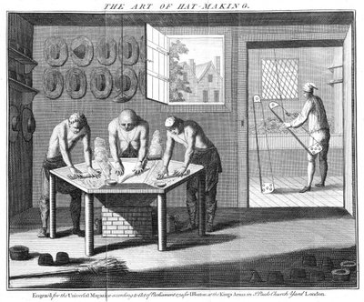 Fabricación de sombreros de castor, de The Universal Magazine, Londres, pub. en 1750 de English School
