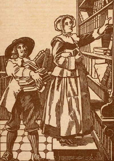 Libreros masculinos y femeninos trabajando en una librería del siglo XVII de English School