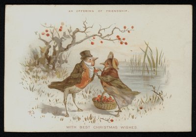 Petirrojos macho y hembra en traje. Tarjeta de felicitación de Navidad. de English School
