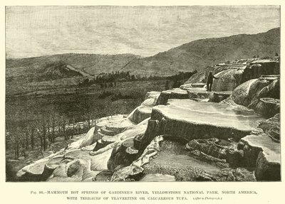 Fuentes termales gigantes de Gardiners River, Parque Nacional Yellowstone, América del Norte, con terrazas de travertino o toba calcárea de English School