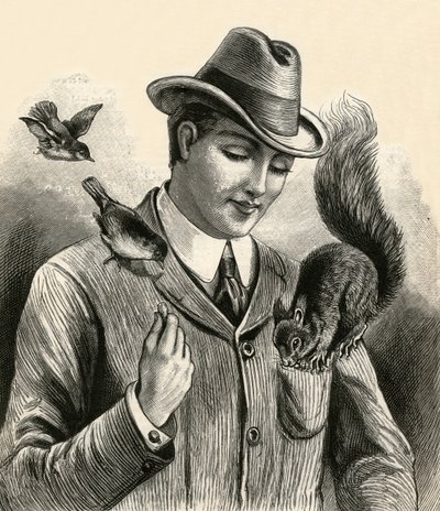 Hombre alimentando a una ardilla y a los pájaros de English School