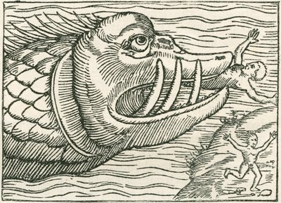 Hombre devorado por una serpiente marina. Ilustración encontrada en el margen de un mapa preparado por Olaus Magnus de English School