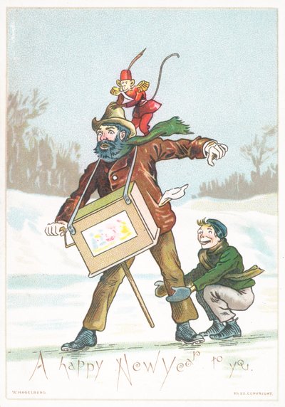 Hombre, niño y mono resbalando en el hielo de English School