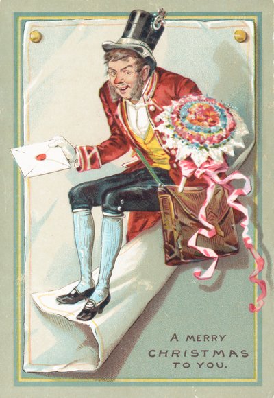 Hombre entregando carta y flores, Tarjeta de Navidad de English School