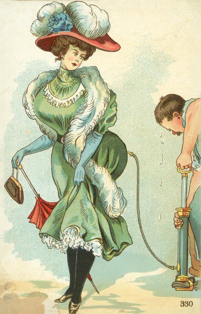 Hombre inflando las faldas de una mujer eduardiana con una bomba (litografía en color) de English School