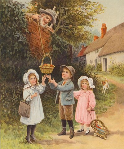 Hombre bajando una cesta de fruta hacia unos niños (cromolito) de English School