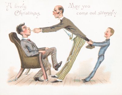 Hombre sacando diente a niño, Tarjeta de Navidad de English School