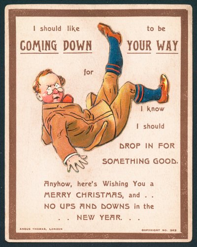 Hombre cayendo hacia atrás, tarjeta de Navidad de English School
