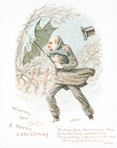 Hombre caminando por la nieve con viento fuerte, tarjeta de Navidad de English School