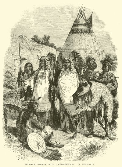 Indios Mandan, con hombre-medicina en piel de oso de English School