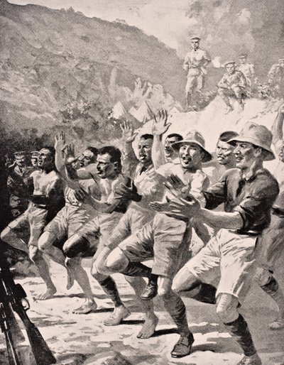 Soldados maoríes realizan un Haka en Gaba Tepe en la Península de Gallipoli, Turquía 1915, de 