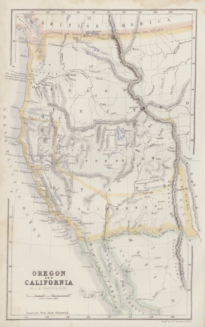 Mapa: Oregón y California por G H Swanston, Edimburgo (litografía en color) de English School