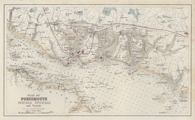 Mapa: Plan of Portsmouth, Portsea Spithead and Vicinity, por G H Swanston, Edimburgo (litografía en color) de English School