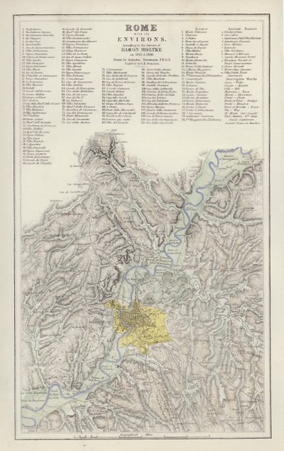 Mapa: Roma, con sus alrededores, según el levantamiento de Baron Moltke, en 1845 y 1846, dibujado por Augustus Petermann de English School