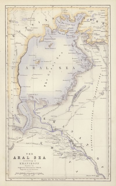 Mapa: El Mar de Aral, según Khanikoff, dibujado por Augustus Petermann (litografía en color) de English School