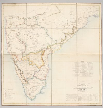 Mapa que muestra la partición actual del país dependiente de Fort St. George en divisiones militares con varias estaciones de tropas de English School