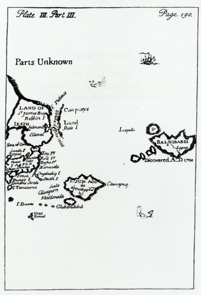 Mapa de Los Viajes de Gulliver por Jonathan Swift (1667-1745) de English School