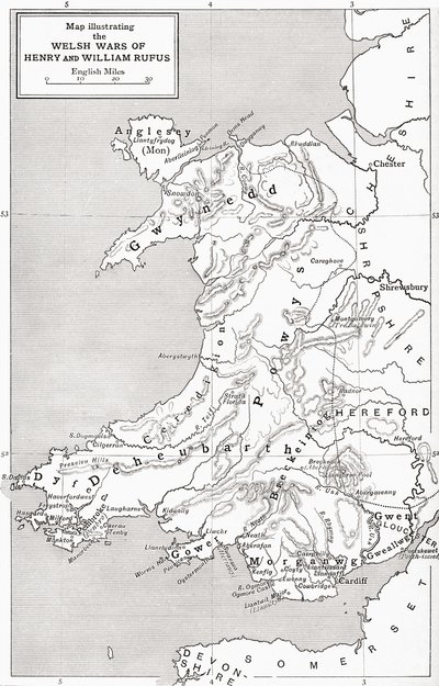 Mapa que ilustra las guerras galesas de Guillermo Rufus y Enrique I, de 