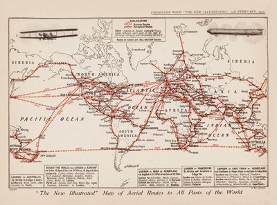Mapa de rutas aéreas a todas las partes del mundo (litografía en color) de English School