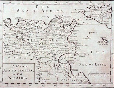 Mapa de África Propria y Numidia (Túnez y Argelia modernos) finales del siglo XVIII de English School