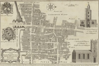 Mapa de los distritos de Billingsgate y Bridge, Londres de English School