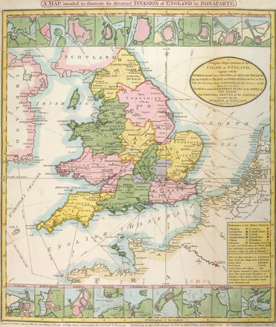 Mapa de Gran Bretaña, que ilustra la amenaza de invasión de Napoleón Bonaparte (1769-1821) 1803 (litografia en color) de English School