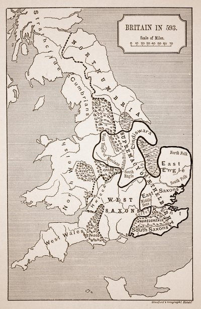 Mapa de Gran Bretaña en 593, impreso por Stanfords Geographical Establishment de English School