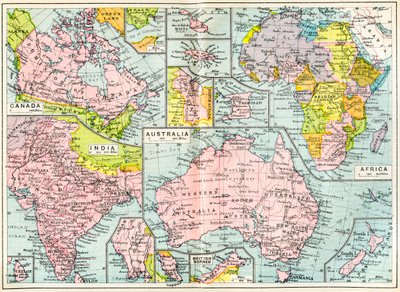 Mapa de las posesiones británicas en 1914 al inicio de la Primera Guerra Mundial, de The British Empire Universities Modern English Illustrated Dictionary, pub. 1914 de English School