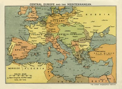 Mapa de Europa Central y el Mediterráneo, extraído de "The History of the Great European War, Vol. III" (impreso) de English School