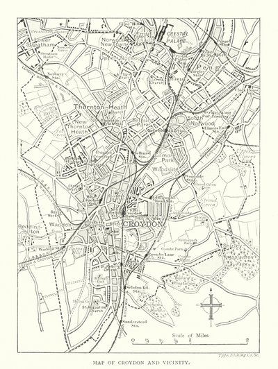 Mapa de Croydon y alrededores (grabado) de English School