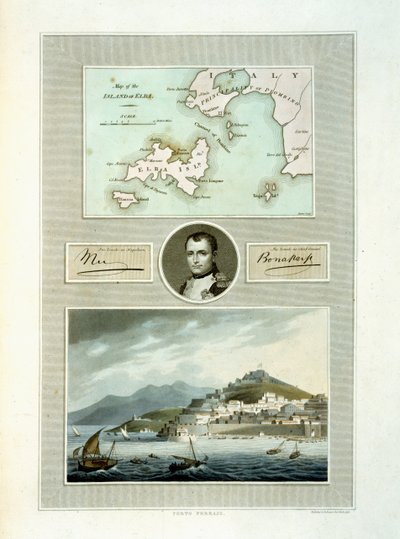 Mapa de Elba y Vista de Porto Ferraio con retrato de Napoleón y facsímil de su firma, 1815 de English School