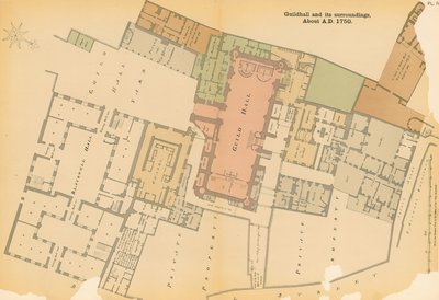 Mapa del Guildhall, Londres, y área circundante alrededor de 1750 de English School