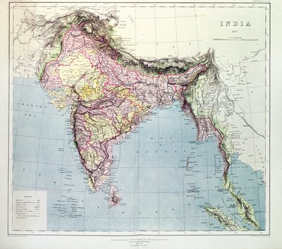 Mapa de la India, publicado bajo la dirección del Coronel H.R. Thuillier, R.E., Agrimensor General de la India, 1877 de English School