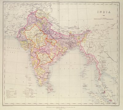 Mapa de la India, publicado bajo la dirección del Coronel H.R. Thuillier, R.E., Topógrafo General de la India, 1882 de English School
