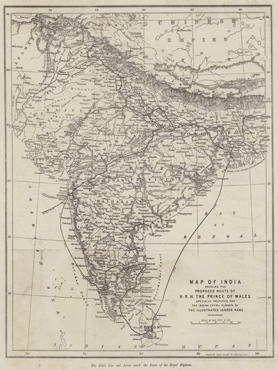 Mapa de la India mostrando la ruta propuesta de SAR el Príncipe de Gales de English School