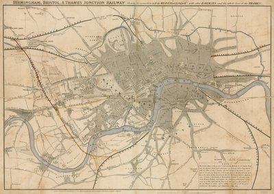 Mapa de Londres mostrando el ferrocarril de Birmingham, Bristol y Thames Junction, 1839 de English School