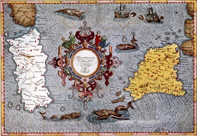 Mapa de Cerdeña y Sicilia, "Geographica" de Ptolomeo de English School