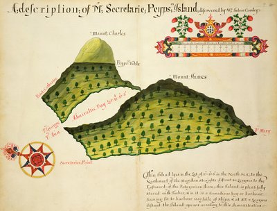 Mapa de las Islas Secretaire y Pepys en el Estrecho de Magallanes, c.1628 (pluma, tinta y acuarela sobre papel) de English School