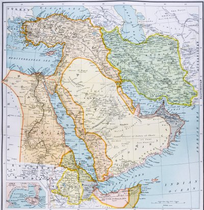 Mapa de Turquía, Oriente Medio, Cuerno de África y Golfo Pérsico en la década de 1890, de 