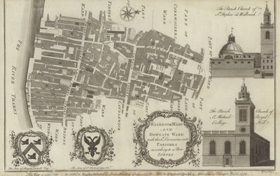 Mapa de los distritos de Walbrook y Dowgate, Londres de English School