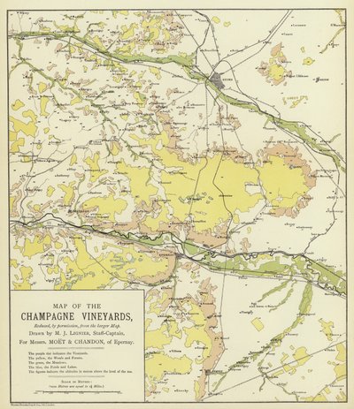Mapa de los viñedos de Champaña (litografía en color) de English School