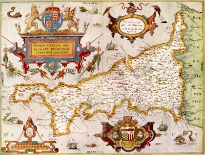 Mapa del condado de Cornualles en 1576, del "Atlas de Saxton...", reproducido en "Old Decorative Maps..." de Arthur L. Humphreys de English School