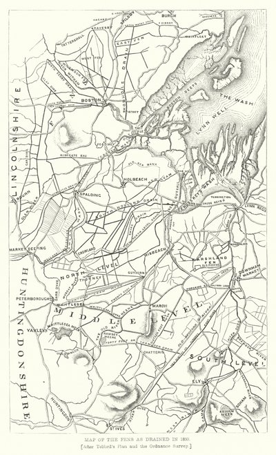 Mapa de los Fens drenados en 1830 (grabado) de English School