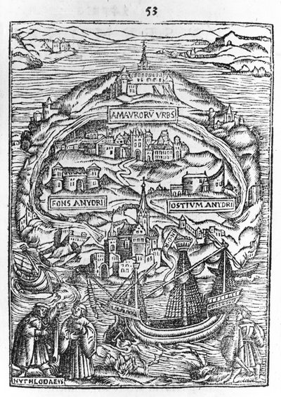 Mapa de la isla de Utopía, frontispicio del libro, 1563 de English School