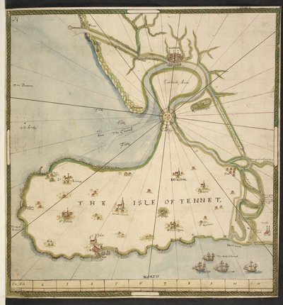 Mapa de la isla de Thanet y Sandwich Marsh, basado en un plano de John Rogers, c.1610 (pluma, tinta y acuarela sobre papel) de English School