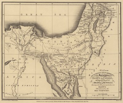 Mapa de los viajes y campamentos de los israelitas desde Egipto hasta Canaán, a través del desierto (grabado) de English School