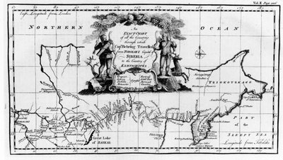 Mapa de la ruta tomada por Vitus Bering (1681-1741) a través de Siberia hasta Kamchatka, de Navigantium atque Itinerantium Bibliotheca publicada en 1744 de English School